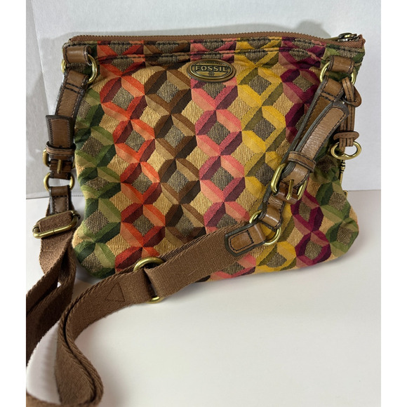 FOSSIL Diamond Tapestry Zip Crossbody Shoulder Bag Geo Hippie Boho Festival - Picture 6 of 14